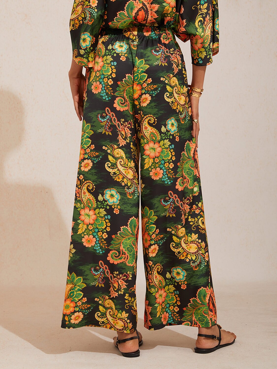 Paisley Bloom Silky Satin Wide Leg Pants
