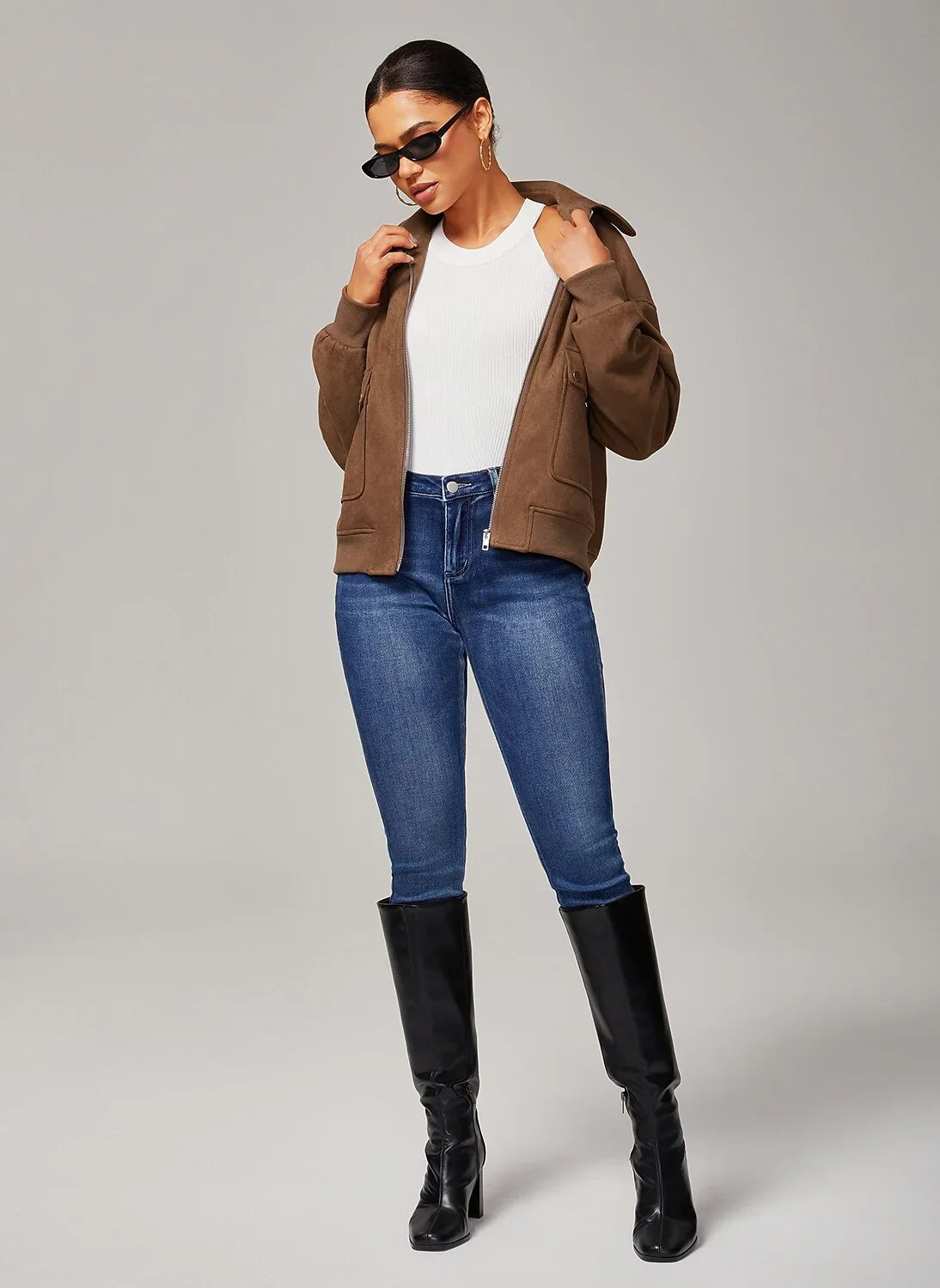 Brown Faux Suede Lapel Collar Zip Jacket