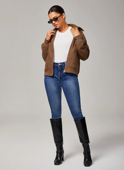 Brown Faux Suede Lapel Collar Zip Jacket