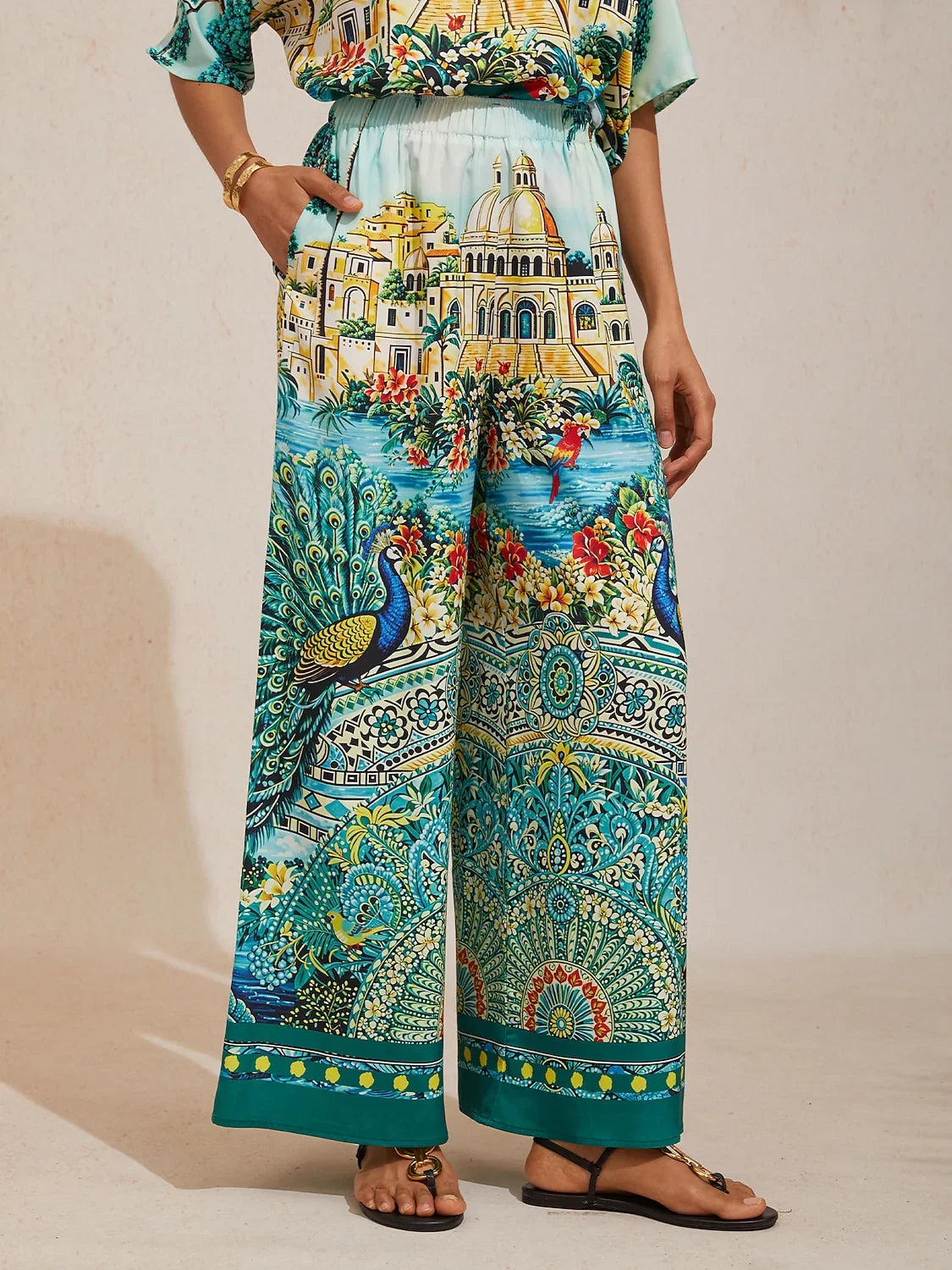 Summer Night Palm Silky Satin Wide Leg Pants