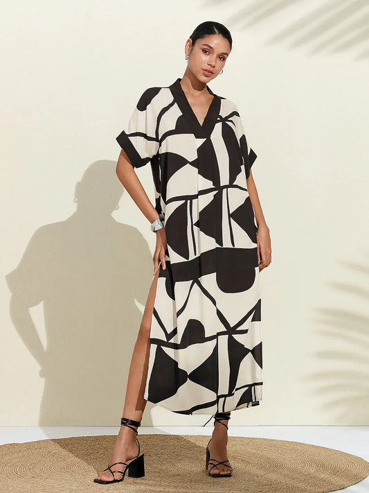 Short Geometric Print Loose Fit Double Slit Maxi Dress