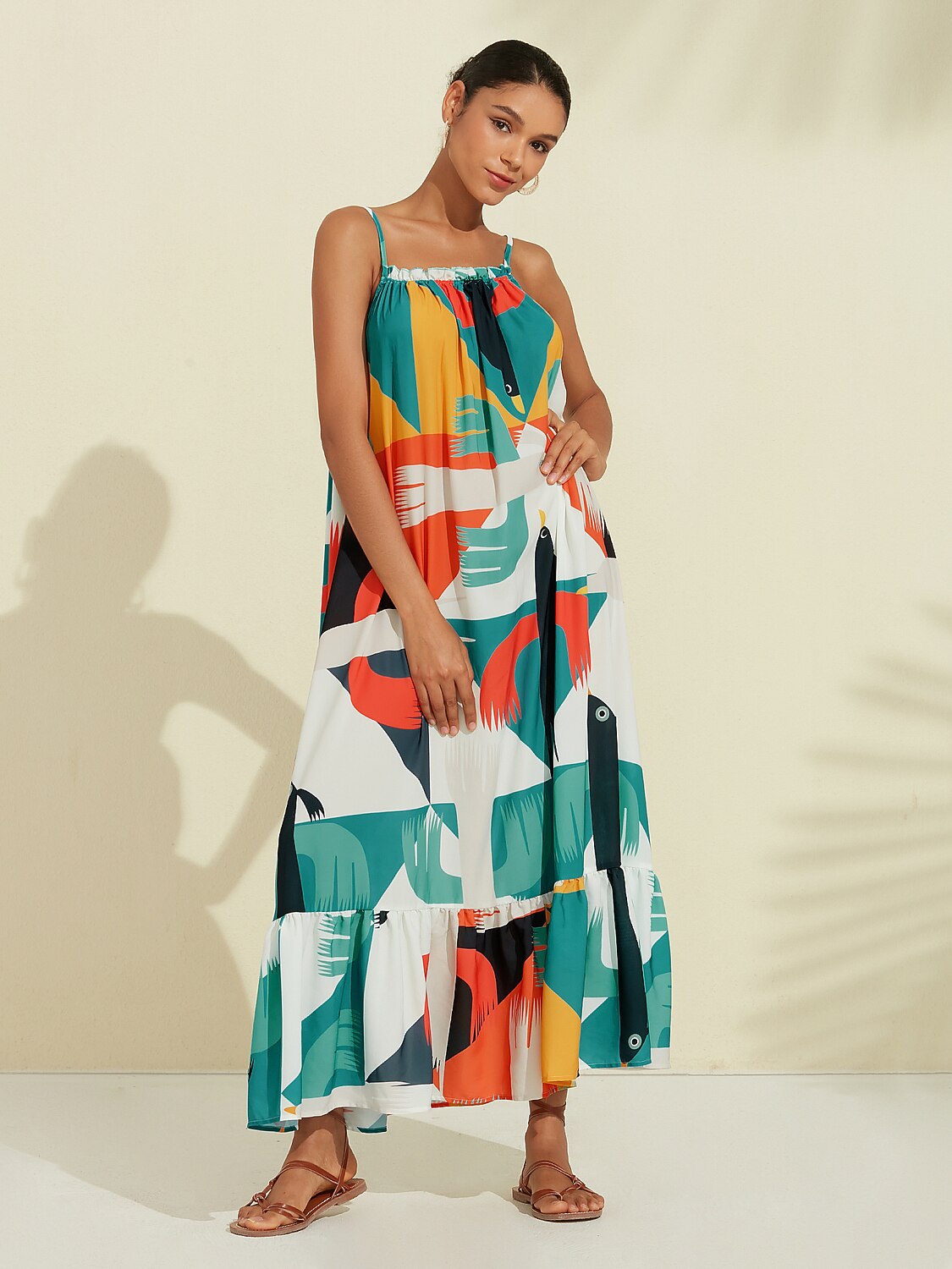 Rainbow Nature Landscape Trim Cami Midi Chiffon Dress