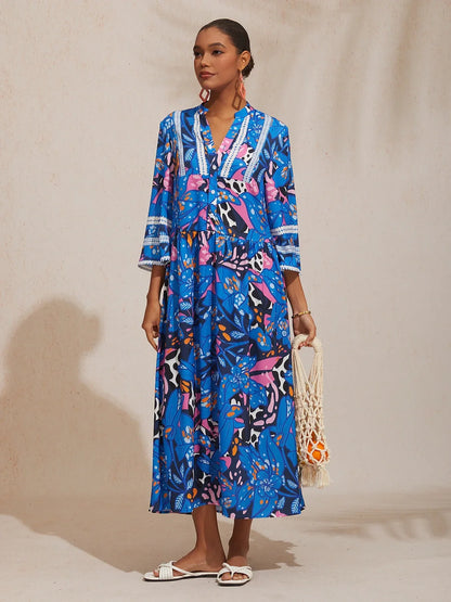 Abstract Azure Silky Satin Dot Maxi Dress