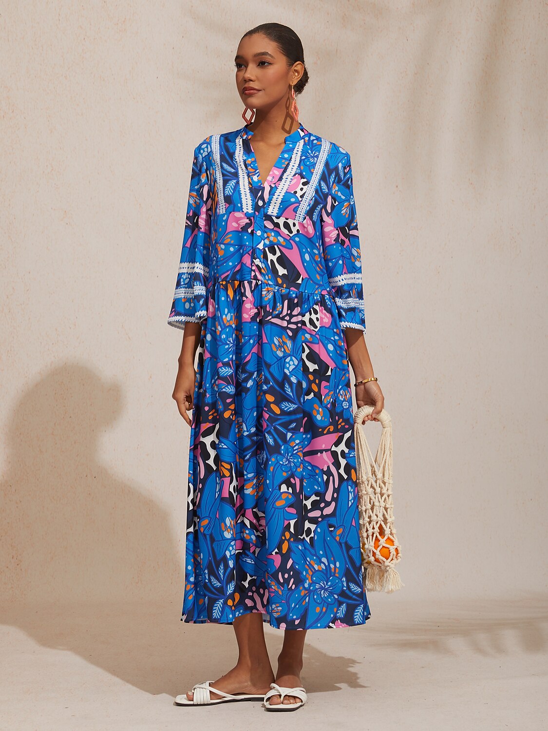 Abstract Azure Silky Satin Dot Maxi Dress