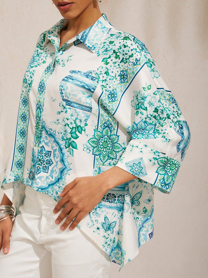 Mallorca Blossom Silky Satin Dolman Sleeve Button Down Shirt