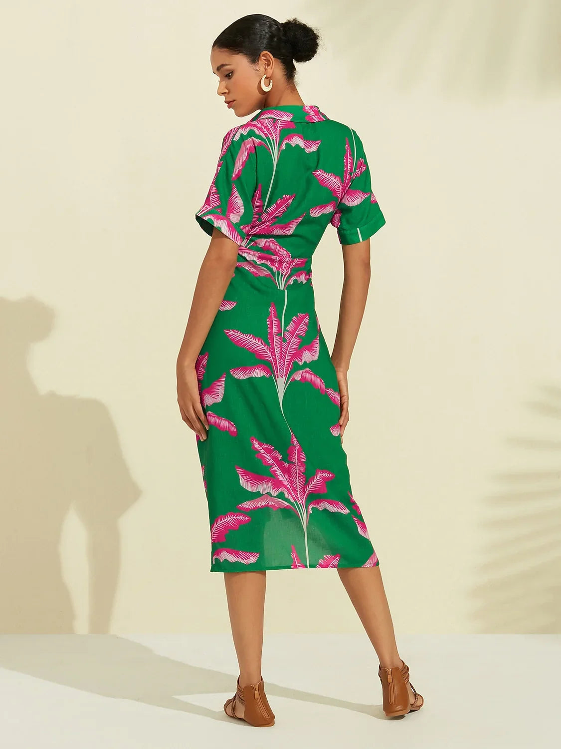 Tropical Print Shirred Midi Dress