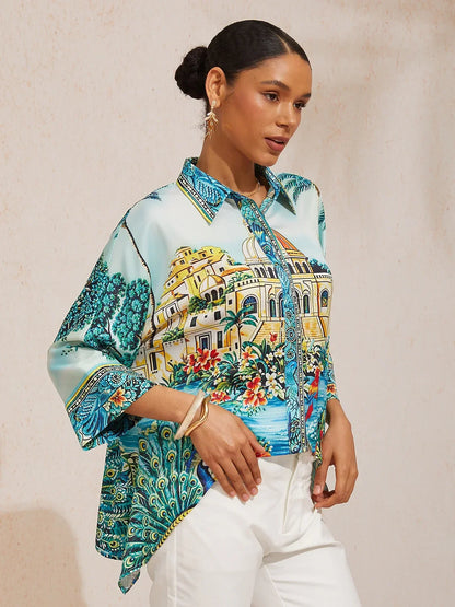 Vintage Leopard Jewelry Silky Satin Dolman Sleeve Shirt
