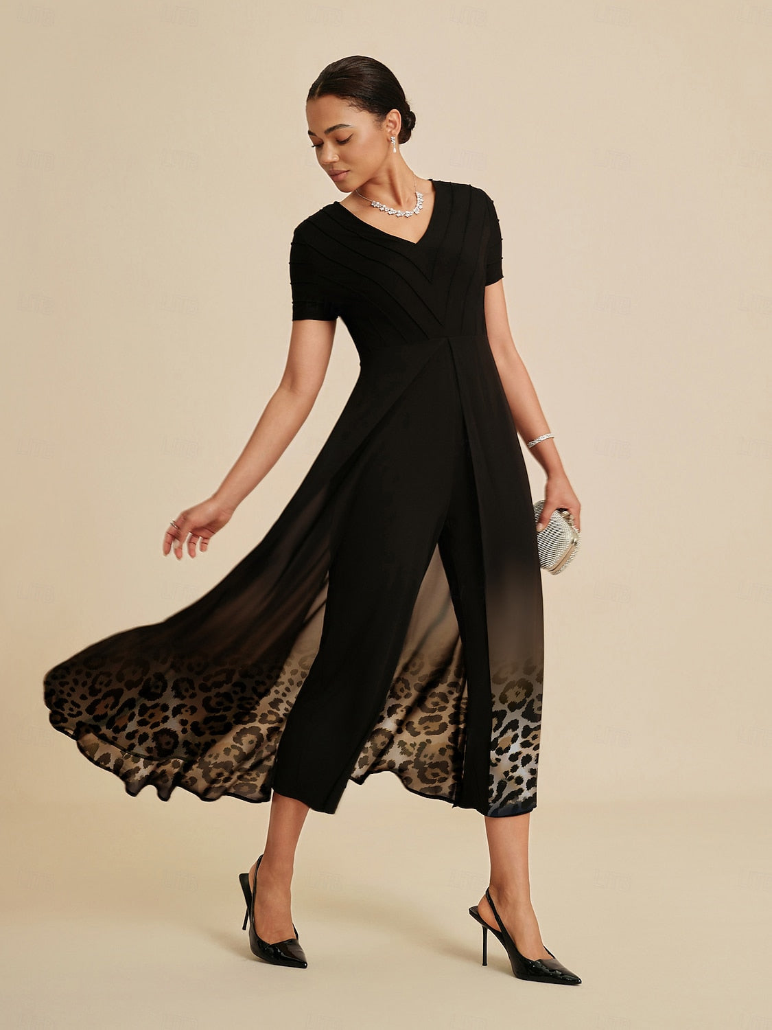 Chiffon Knit Gradient Leopard Print Flowing Elegant Jumpsuit