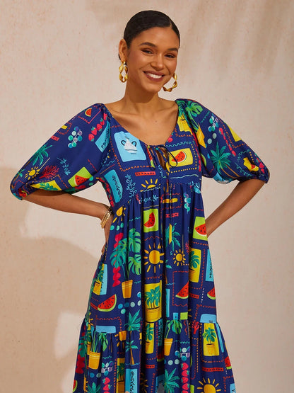 Summer Escape Geometric A-Line Satin Maxi Dress