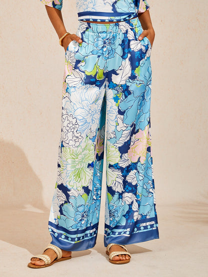 Pastel Wash Peony Silky Satin Wide Leg Pants
