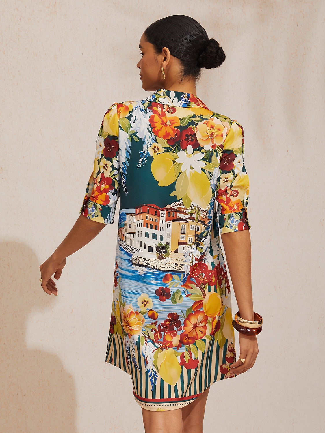 Mallorca Blossom Silky Satin Straight Shirt Dress