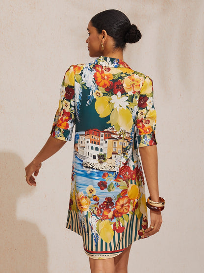 Ocean Blue Orchid Silky Satin Floral Shirt Dress