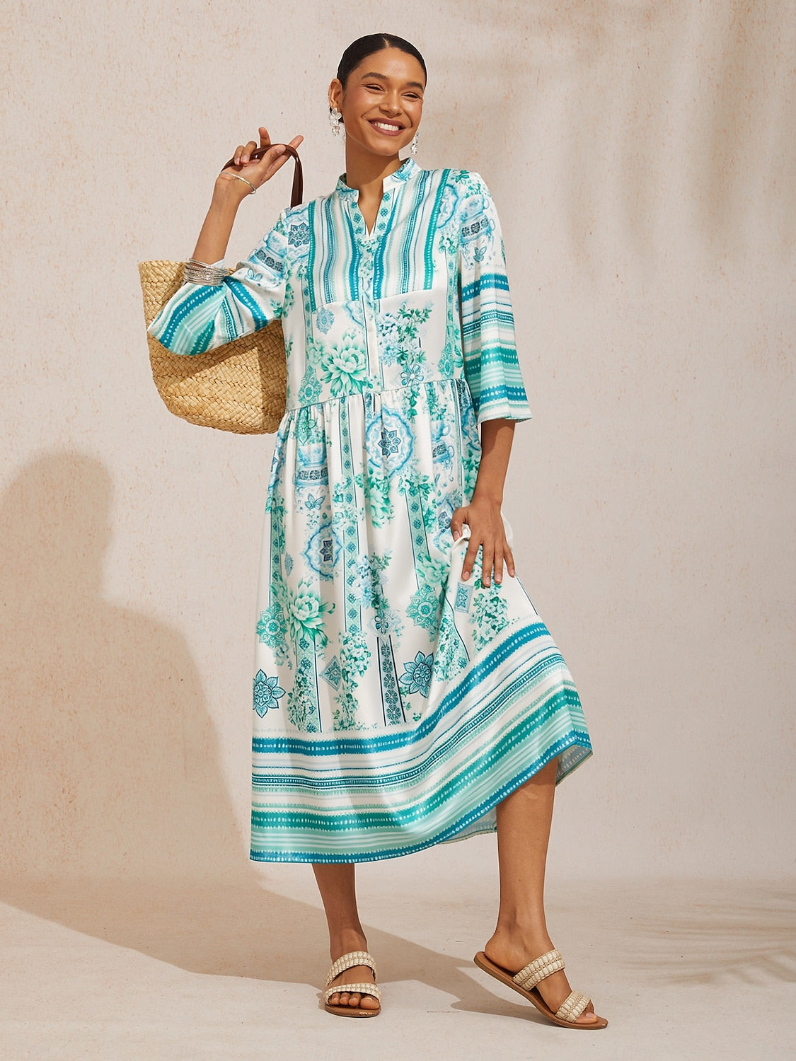 Abstract Azure Silky Satin Dot Maxi Dress