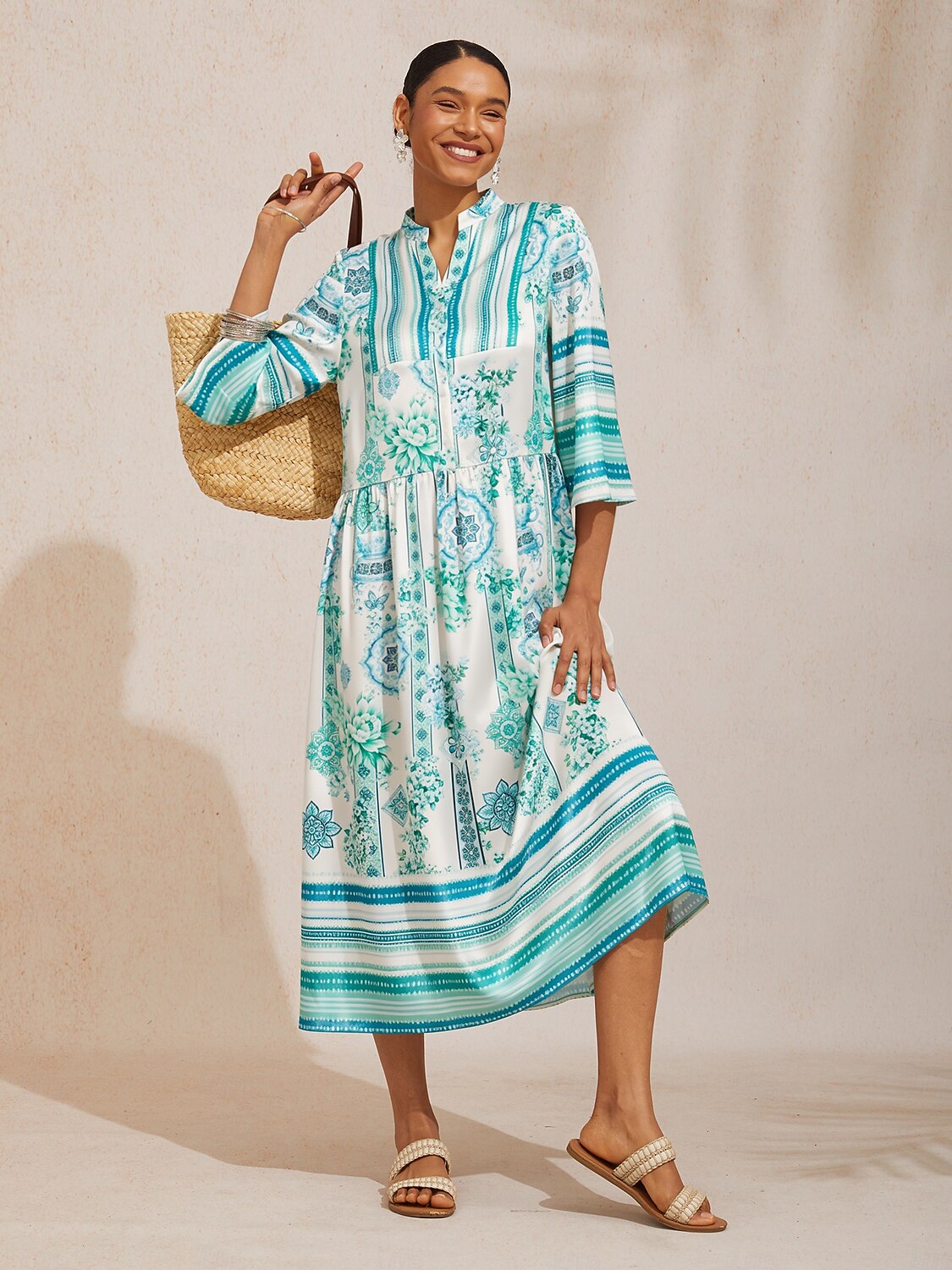 Satin Maxikleid mit Stehkragen und Blumenmuster