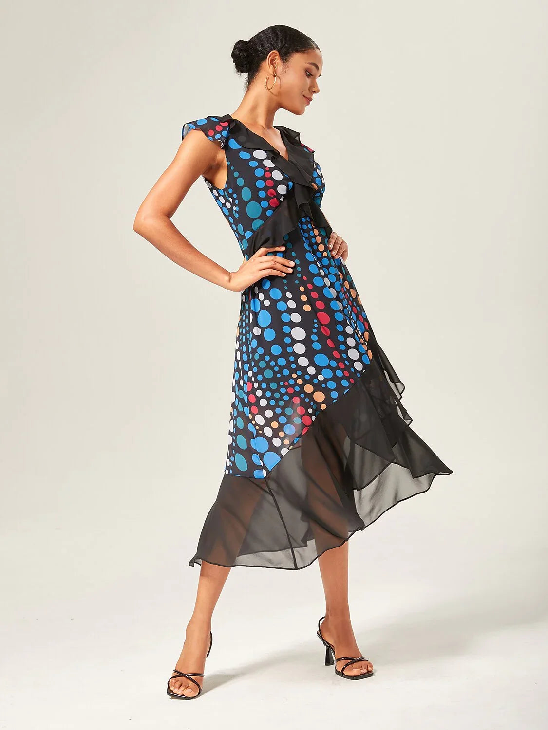 Colorblock Polka Dot Print Chiffon Ruffle Maxi Dress