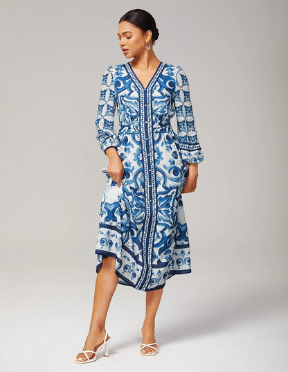 Porcelain Print V Neck Slim Fit Maxi Dress