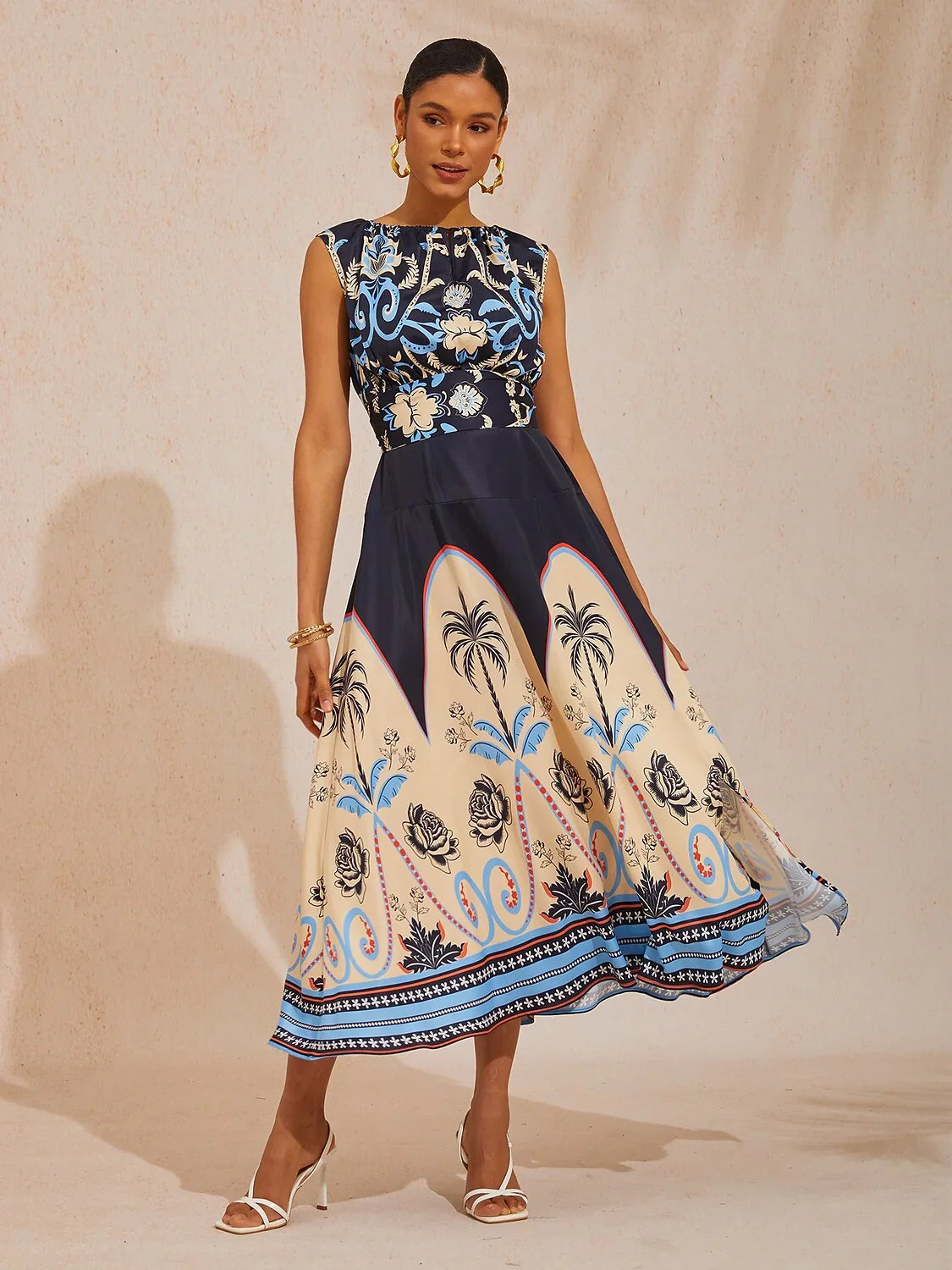 Summer Night Palm Silky Satin Maxi Dress