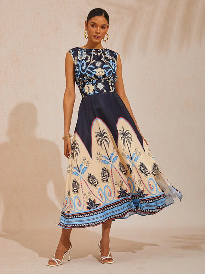 Summer Night Palm Silky Satin Maxi Dress