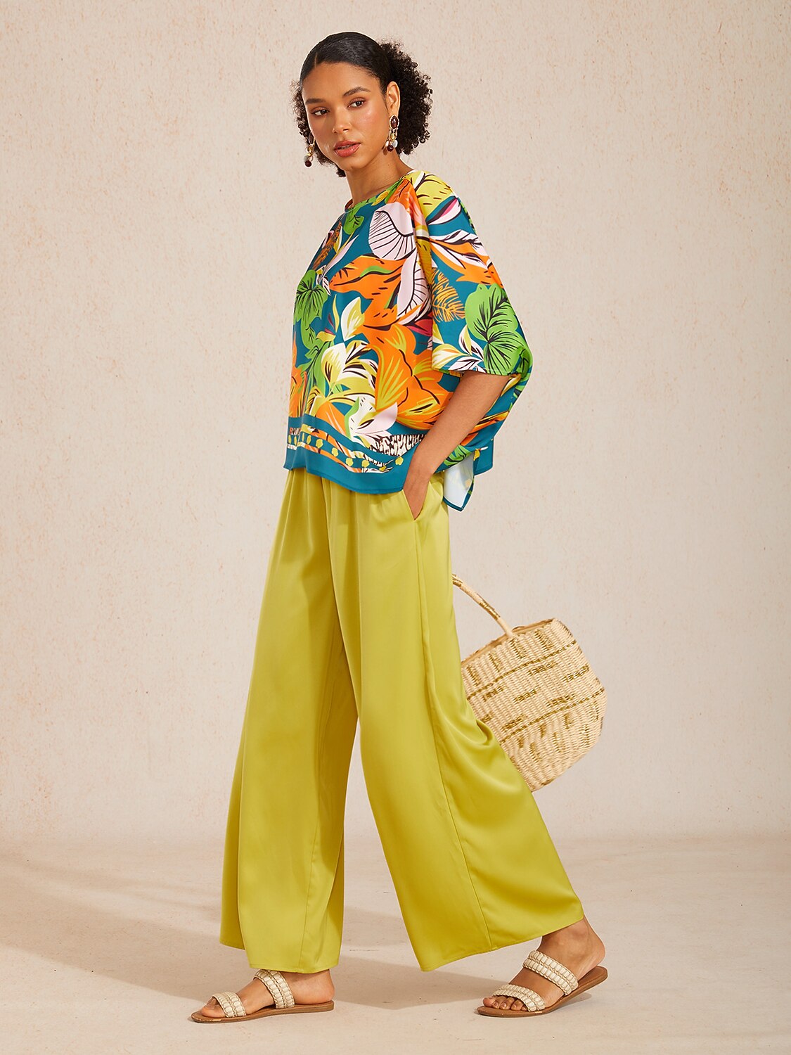 Silky Satin White Elastic Waist Wide Leg Pants