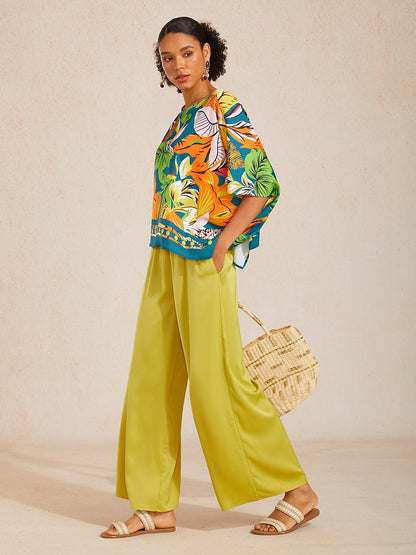 Silky Satin White Elastic Waist Wide Leg Pants