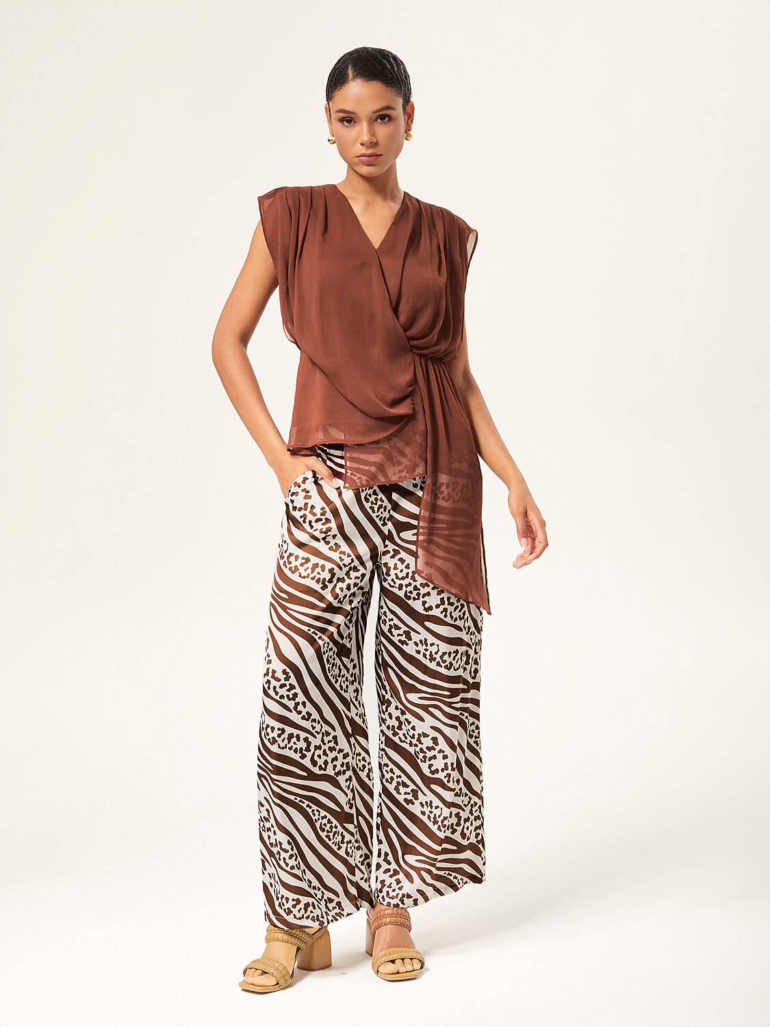 Elastic Waist Animal Print Wide-Leg Pants