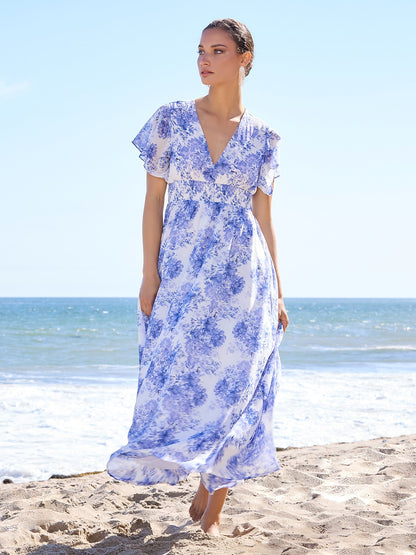 Chiffon Floral Short Sleeve V Neck Maxi Dress