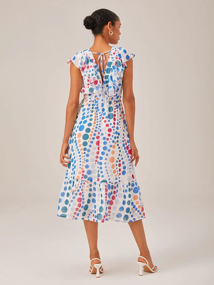 Colorful Polka Dot Chiffon Ruffled Waisted Dress