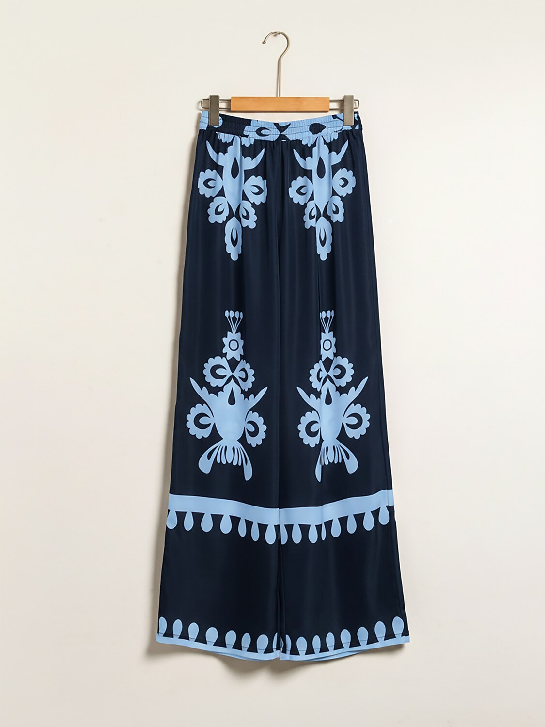 Ethnic Geometric Print Silky Satin Wide Leg Pants