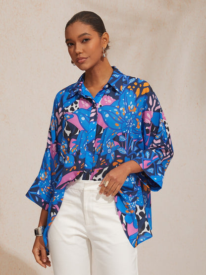 Abstract Azure Silky Satin Dot Button Down Shirt
