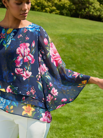 Sapphire Rose Garden Flowy Chiffon Layered Blouse