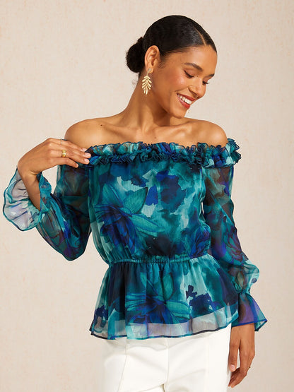 Wild Hibiscus Dream Flowy Chiffon Off-Shoulder Top