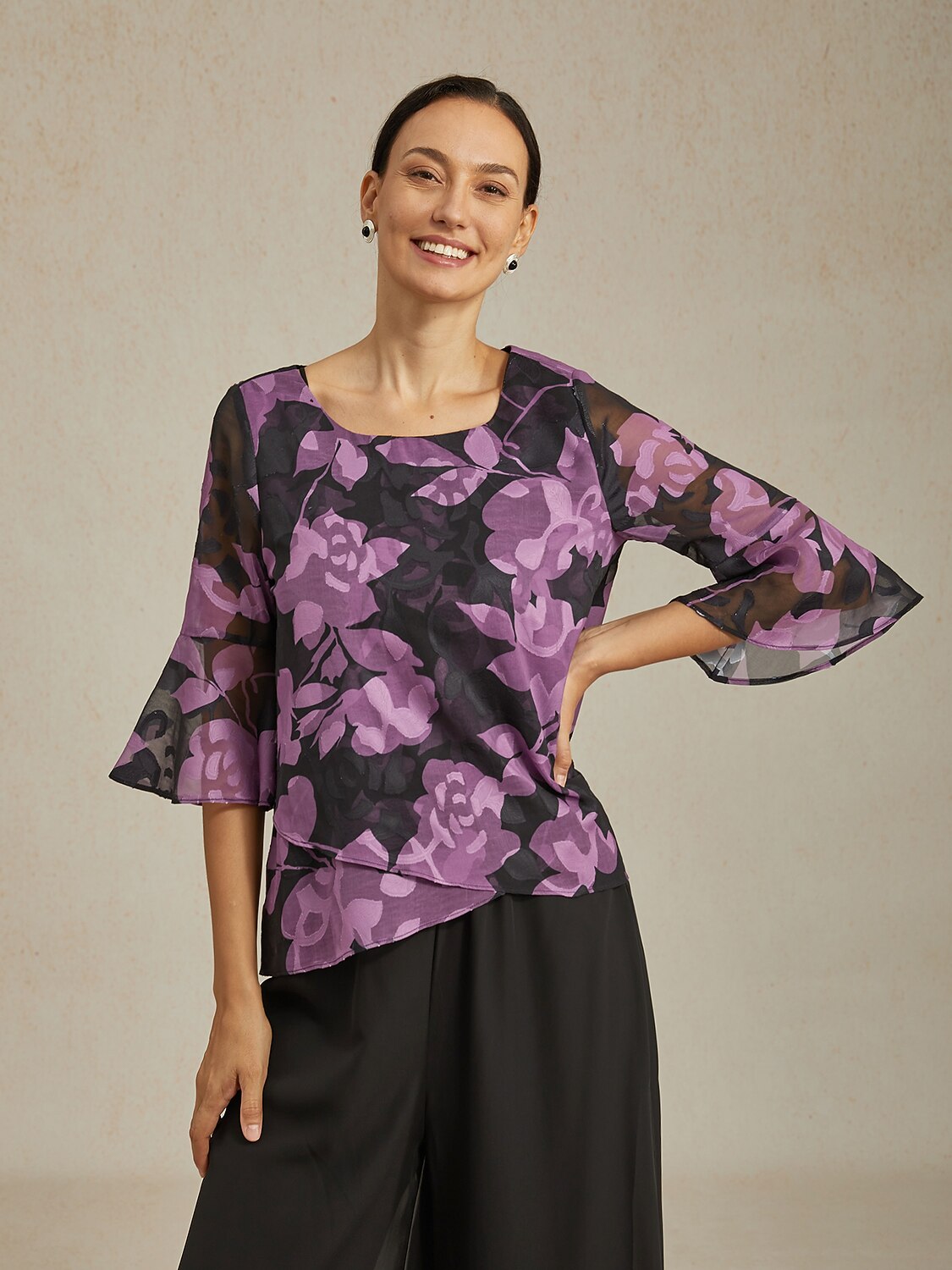 Purple Floral Print Round Neck Chiffon Blouse