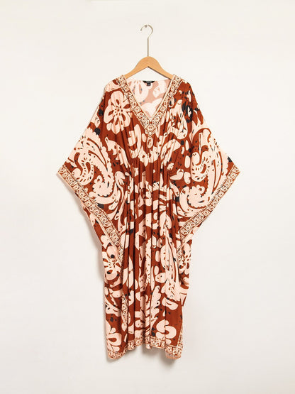 Boho Paisley Print Midi V-Neck Chiffon Kaftan