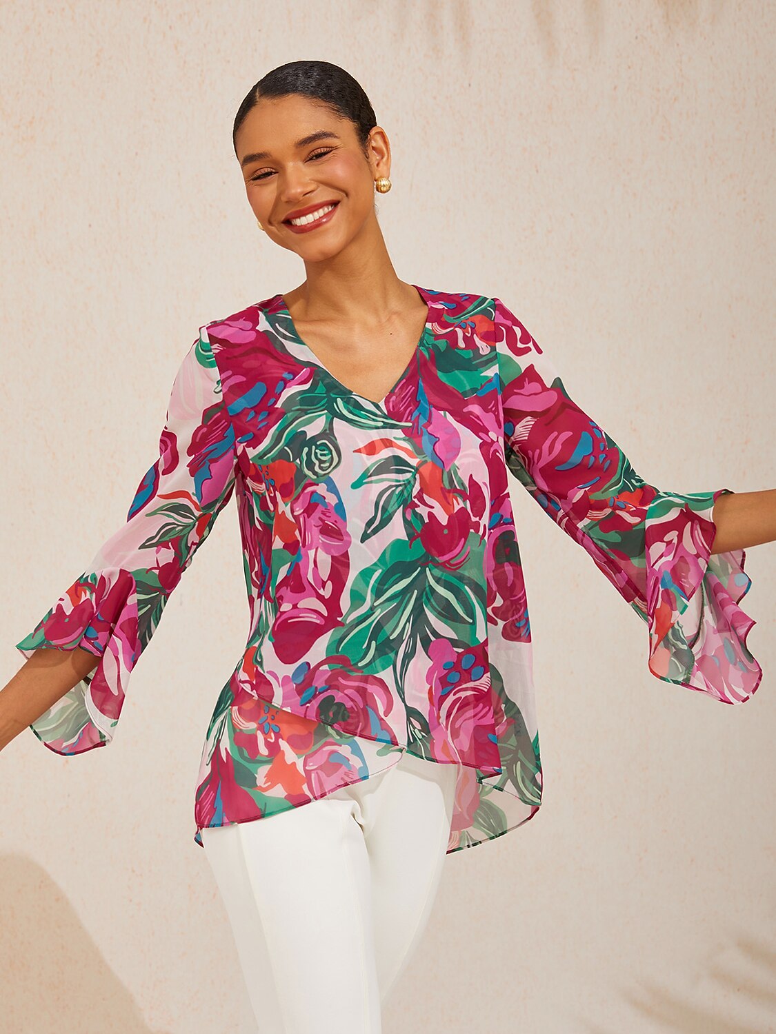 Fiery Pink Rose Flowy Chiffon Blouse