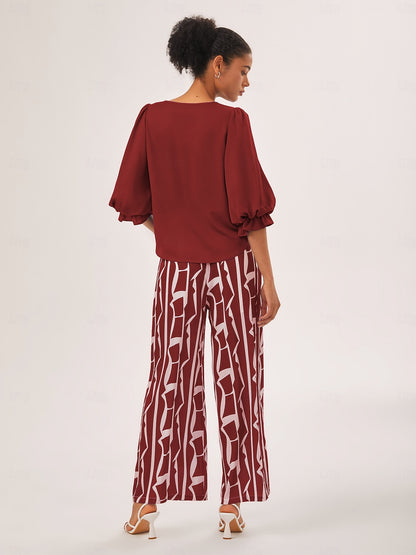 Ruched Waist Blue Printed Straight-Leg Pants