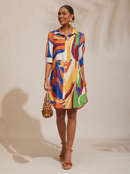 Mallorca Blossom Silky Satin Straight Shirt Dress