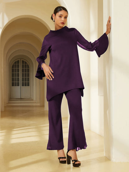 Tencel Burgundy Elastic Waist Flared Pants Casual Vacation Party