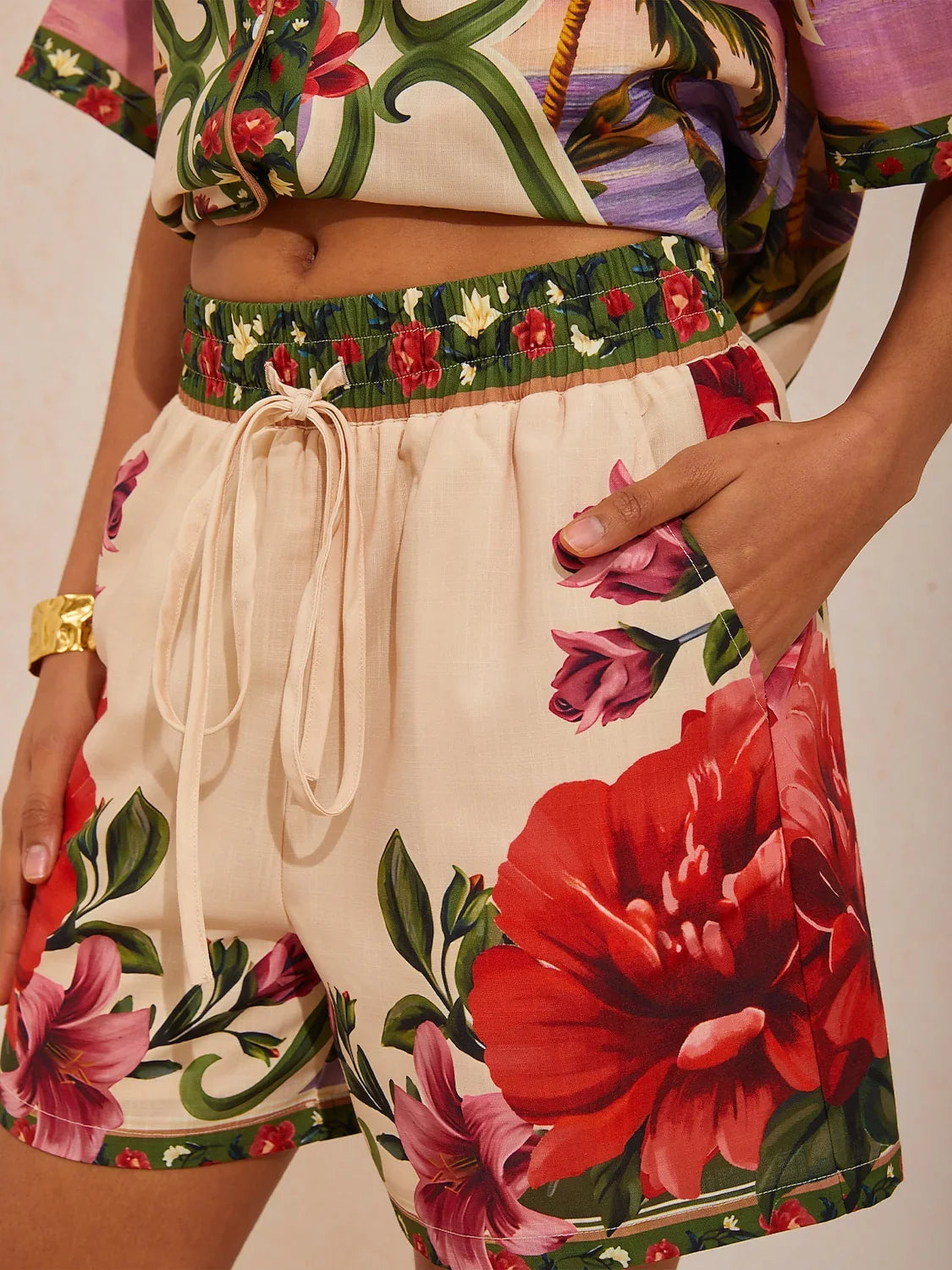 Hawaii Palm Airy Linen Look Floral Shorts