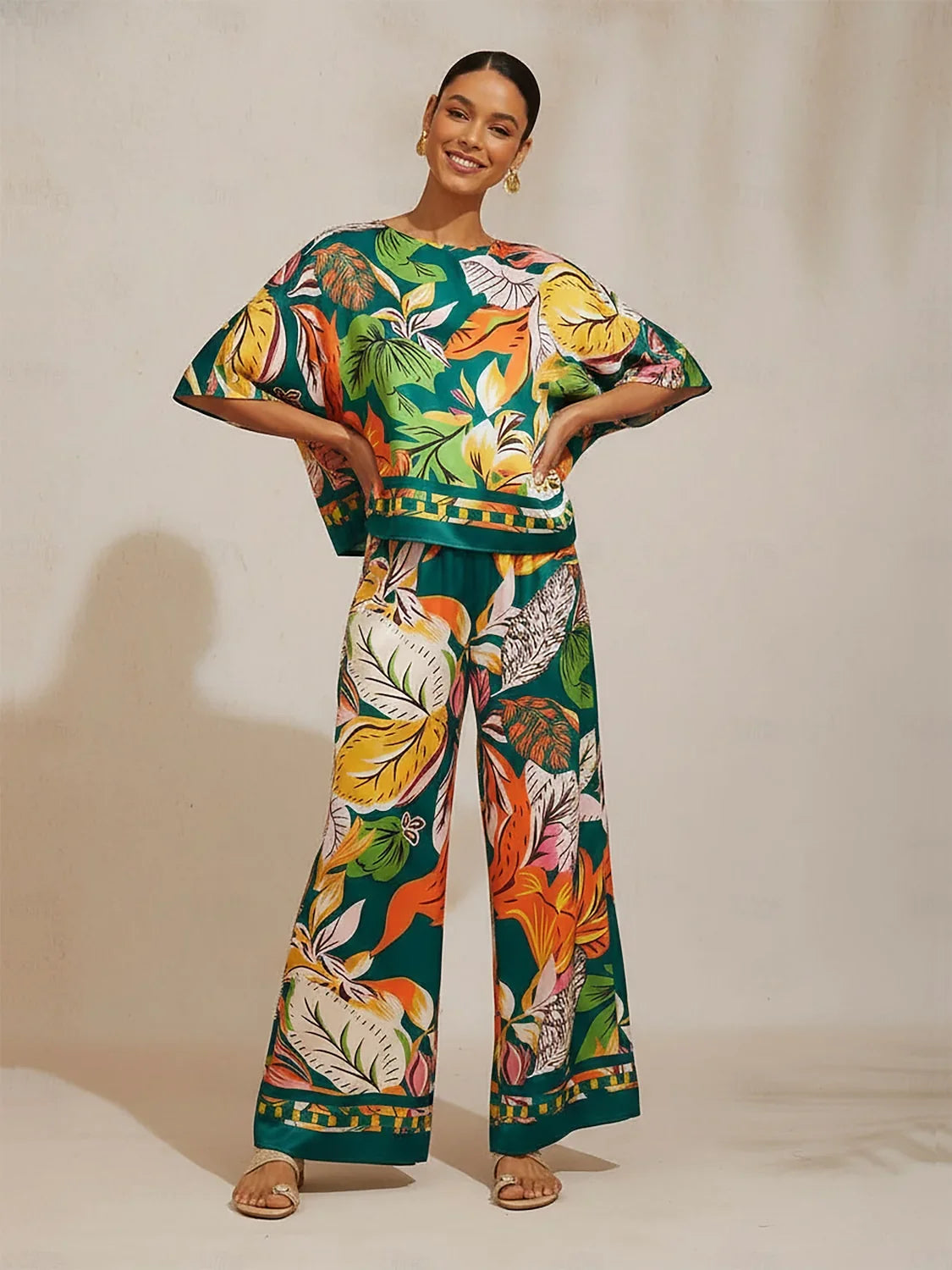 Wild Hibiscus Dream Silky Satin Dolman Sleeve Top
