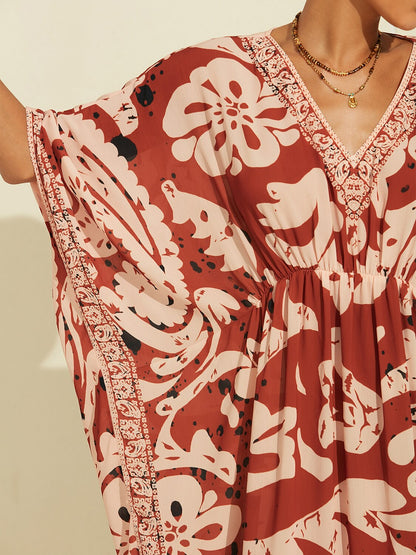 Boho Paisley Print Midi V-Neck Chiffon Kaftan
