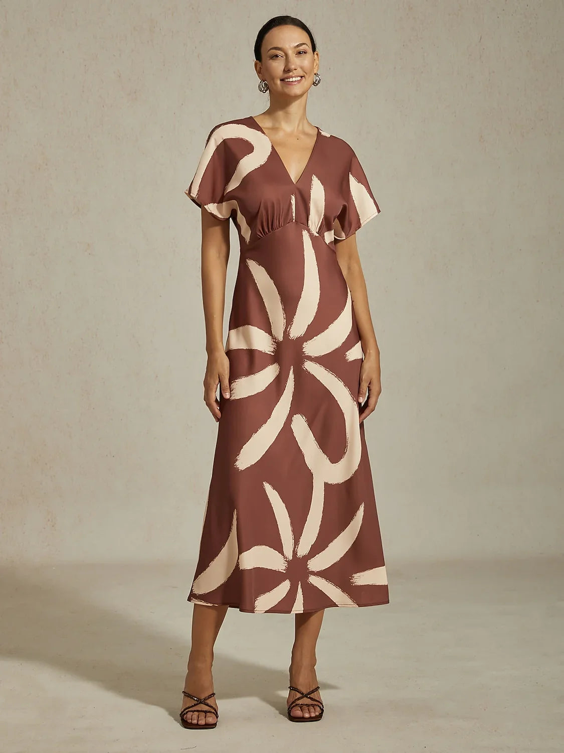 Abstract Floral Print Satin Maxi Dress