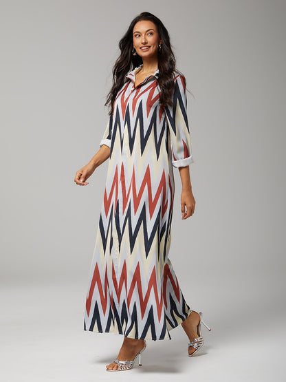 Satin Geometric Print Maxi Shirt Dress
