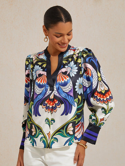 Bird Flower Silky Satin Blouse