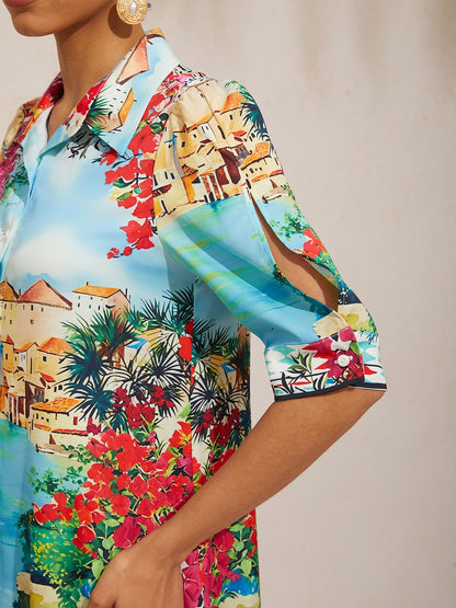 Mallorca Blossom Silky Satin Straight Shirt Dress