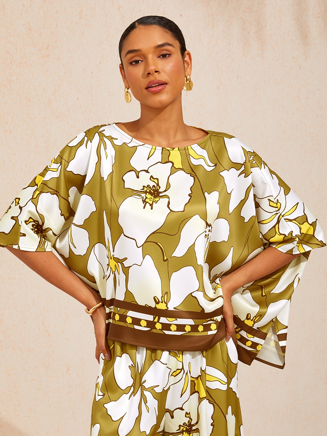 Golden Petal Glow Silky Satin Batwing Top