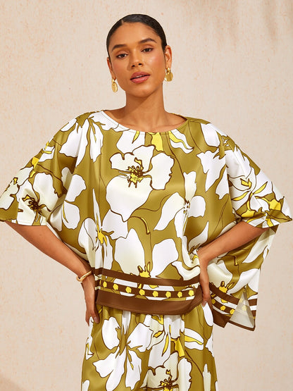 Golden Petal Glow Silky Satin Batwing Top