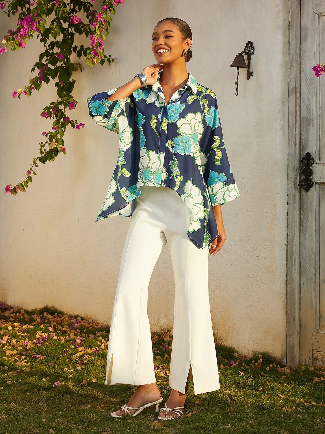 Vacation Green Floral High Low Chiffon Short Shirt