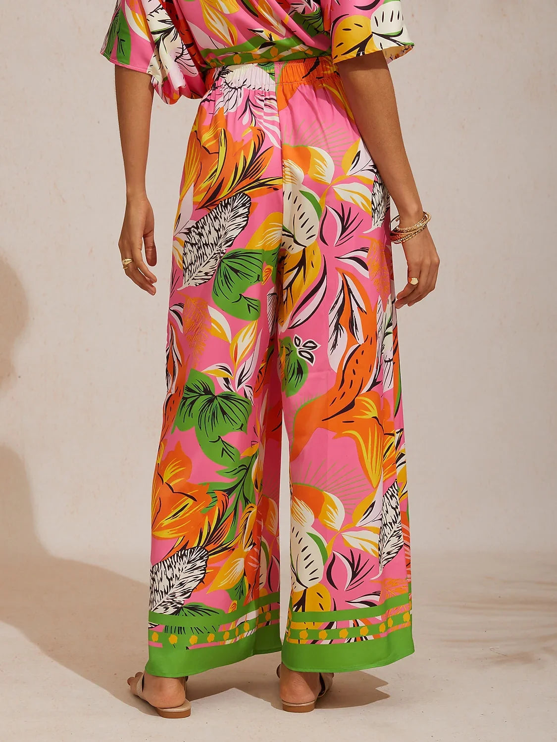 Summer Night Palm Silky Satin Wide Leg Pants