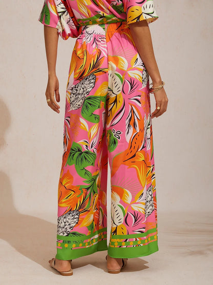 Summer Night Palm Silky Satin Wide Leg Pants
