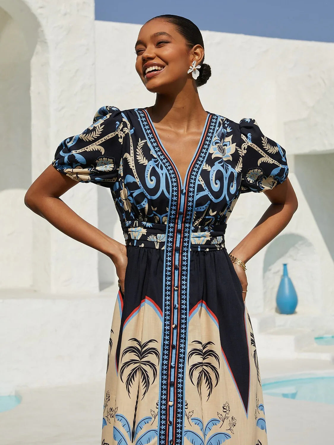 Summer Night Palm Linen-Like Maxi Dress